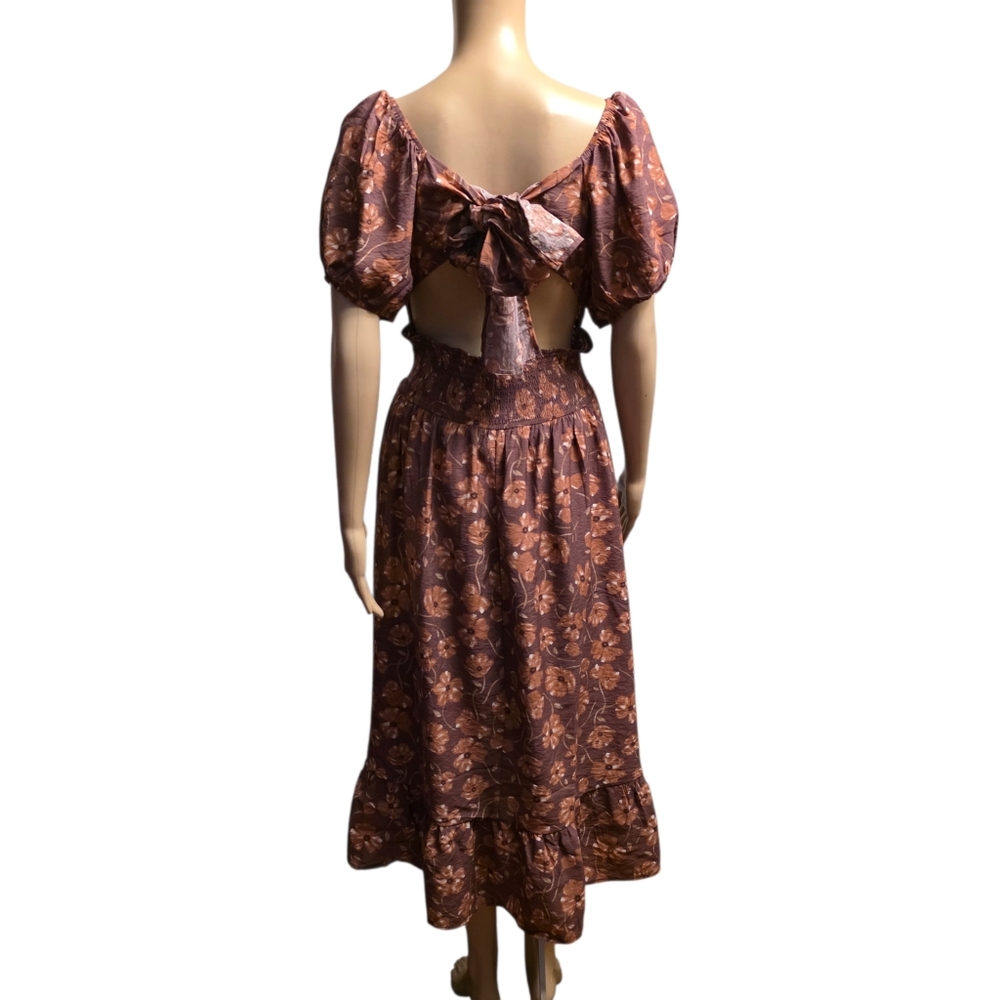 Floral Puff Sleeve Smocked Waist Midi Dress Size XL - Picture 2 of 12